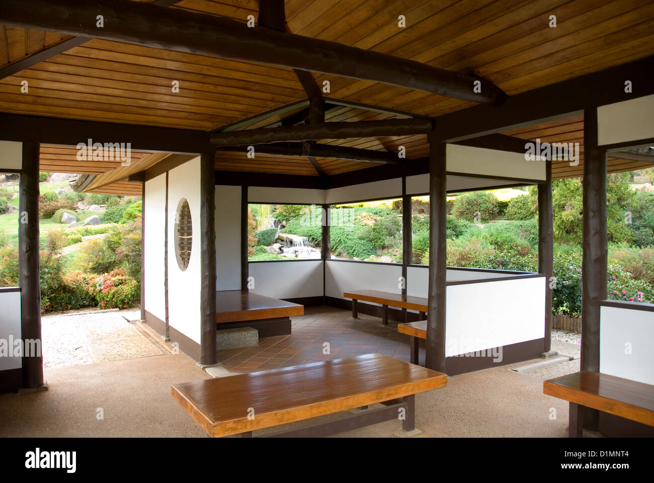 A teahouse in the Cowra Japanese Garden, New South Wales, Australia Stock Photo