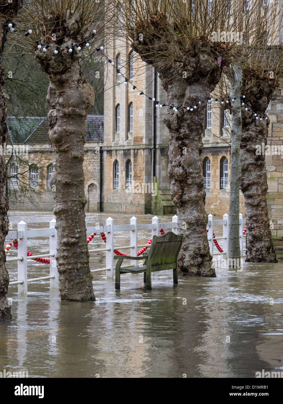 A swollen River Avon causing flooding in the town centre in Bradfordon