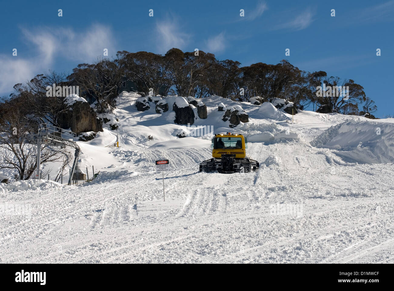A snow grooming machine in operation, Perisher Valley, Australia Stock