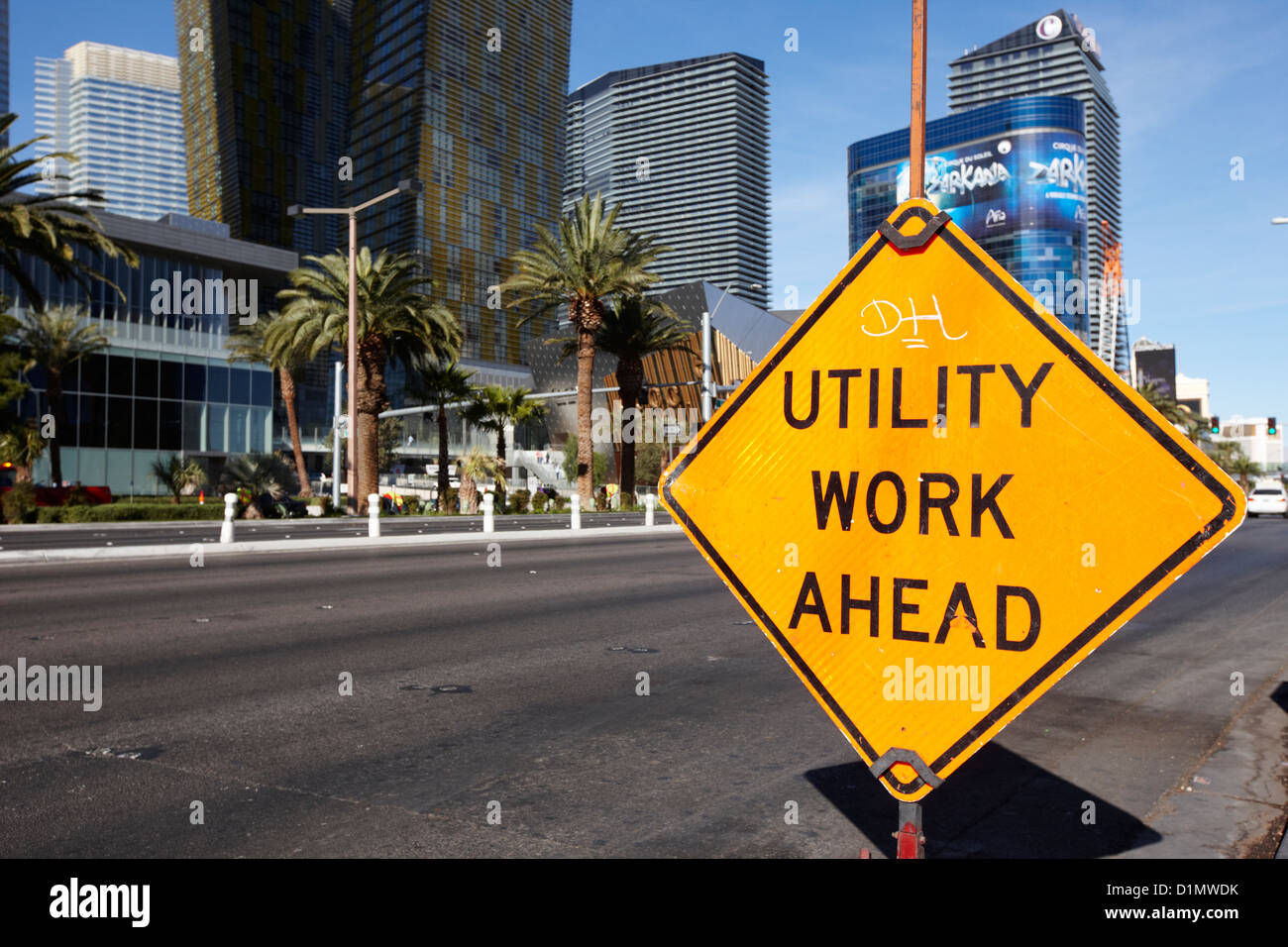 utility work ahead roadsign on Las Vegas boulevard Nevada USA Stock