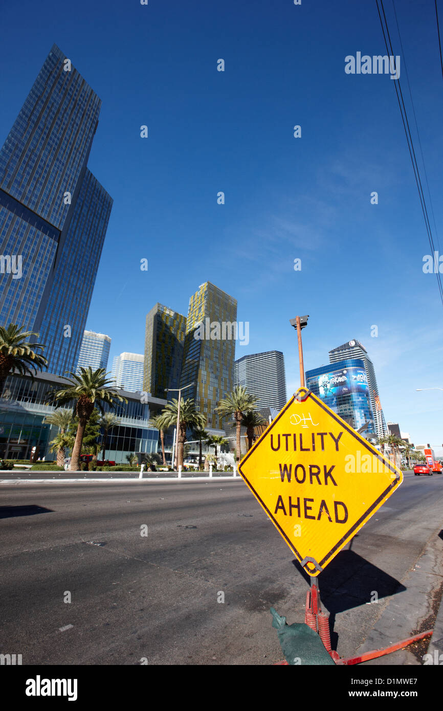 utility work ahead roadsign on Las Vegas boulevard Nevada USA Stock