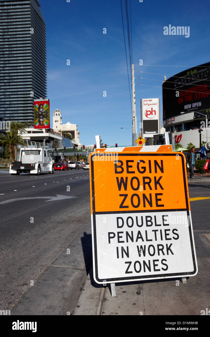 begin work zone double penalties roadsign on Las Vegas boulevard Nevada USA Stock Photo