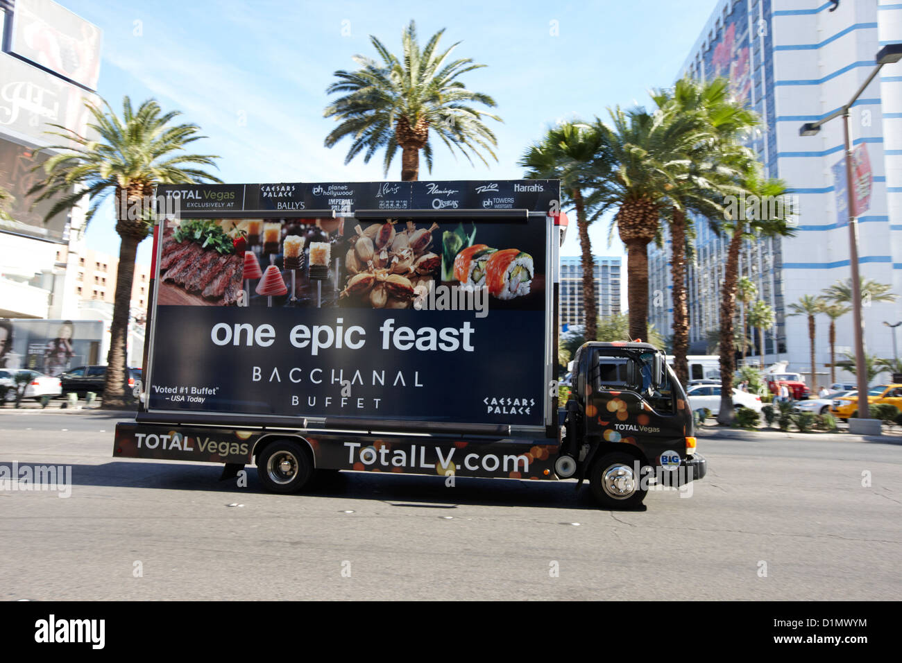 mobile advertising billboard advertising buffet on the strip in Las Vegas Nevada USA Stock Photo