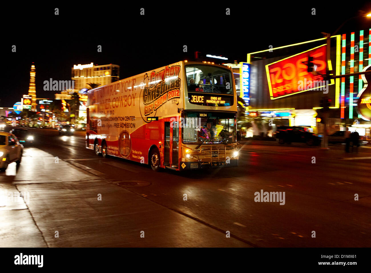 the deuce double deck bus on the Las Vegas strip Nevada USA. deliberate motion blur Stock Photo