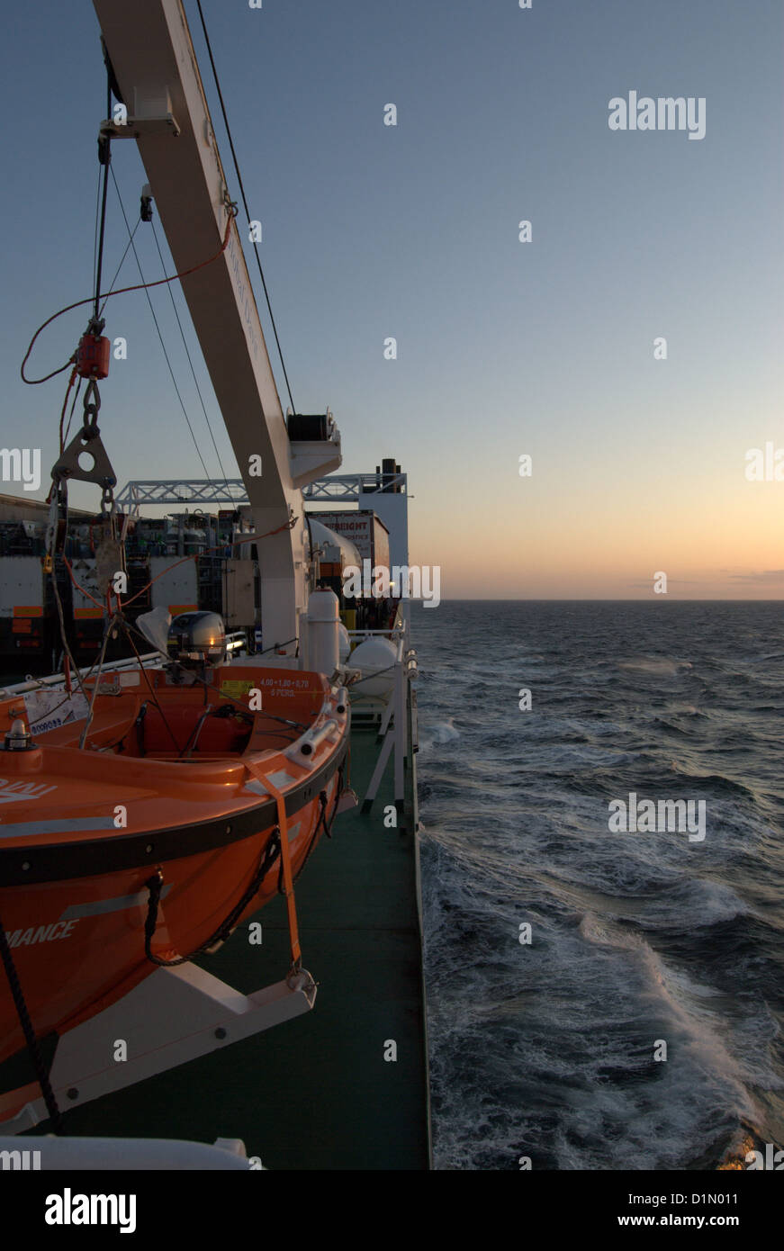 Sunset in the Irish Sea on board Seatruck Performance sailing from Dublin to Heysham Stock Photo