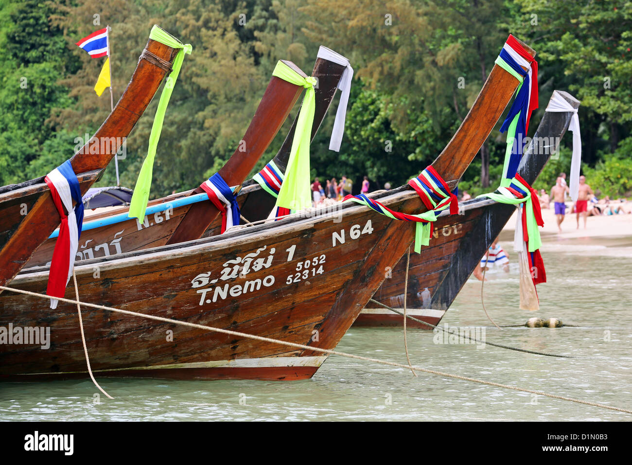 Traditional Thai long tail boats, Railay Beach West, Krabi, Phuket, Thailand Stock Photo