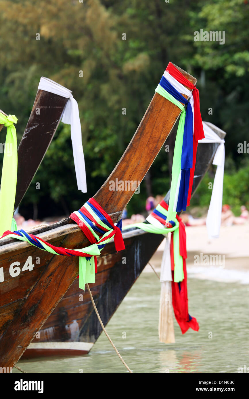 Traditional Thai long tail boats, Railay Beach West, Krabi, Phuket, Thailand Stock Photo