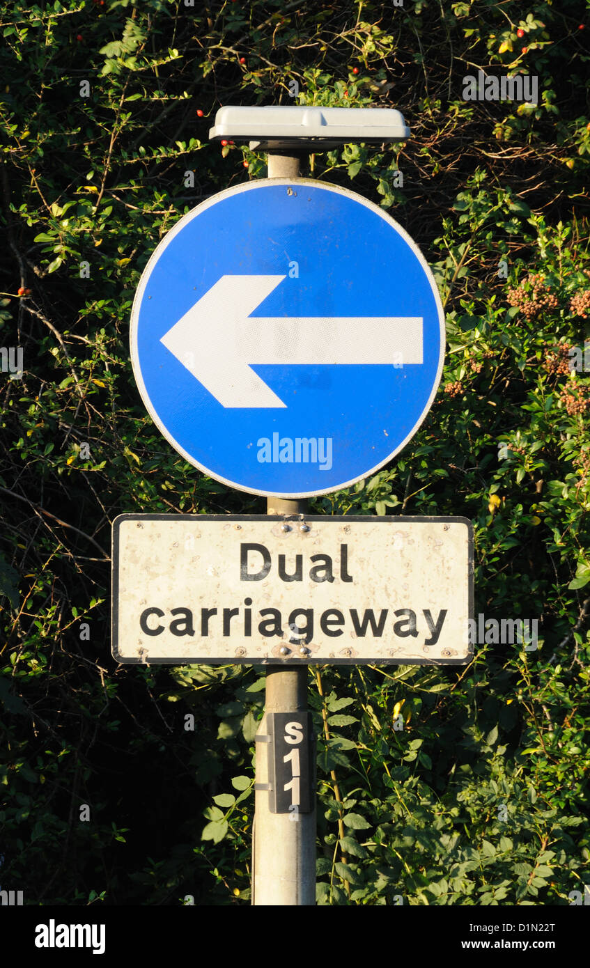 'Dual Carriageway' one-way sign at a junction on the A50 trunk road in Glenfield, Leicestershire, England Stock Photo