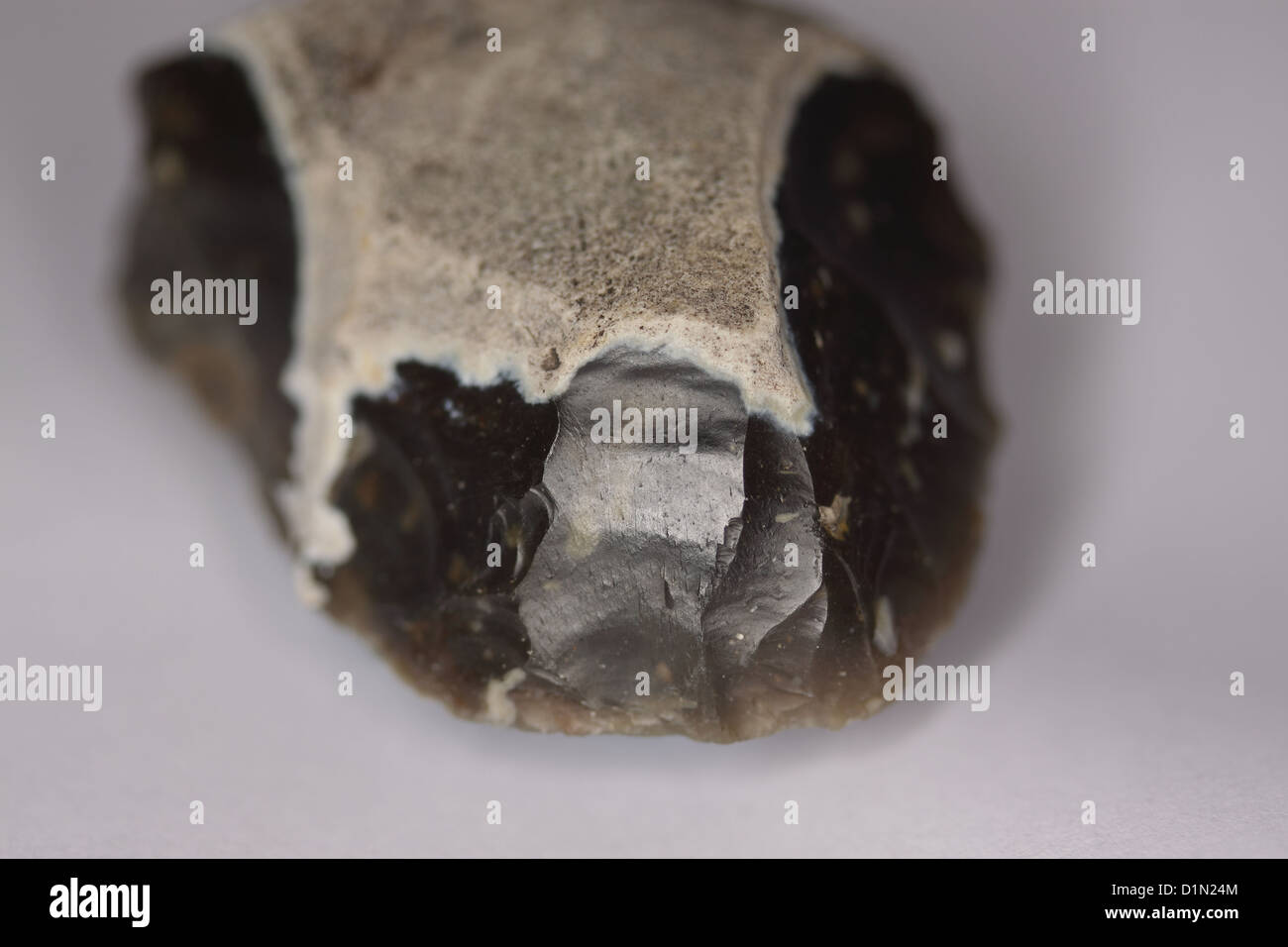 Flint Scraper Neolithic / Mesolithic. Macro shot showing manufacture marks and ridges of percussion. Found in Essex UK 2012 Stock Photo