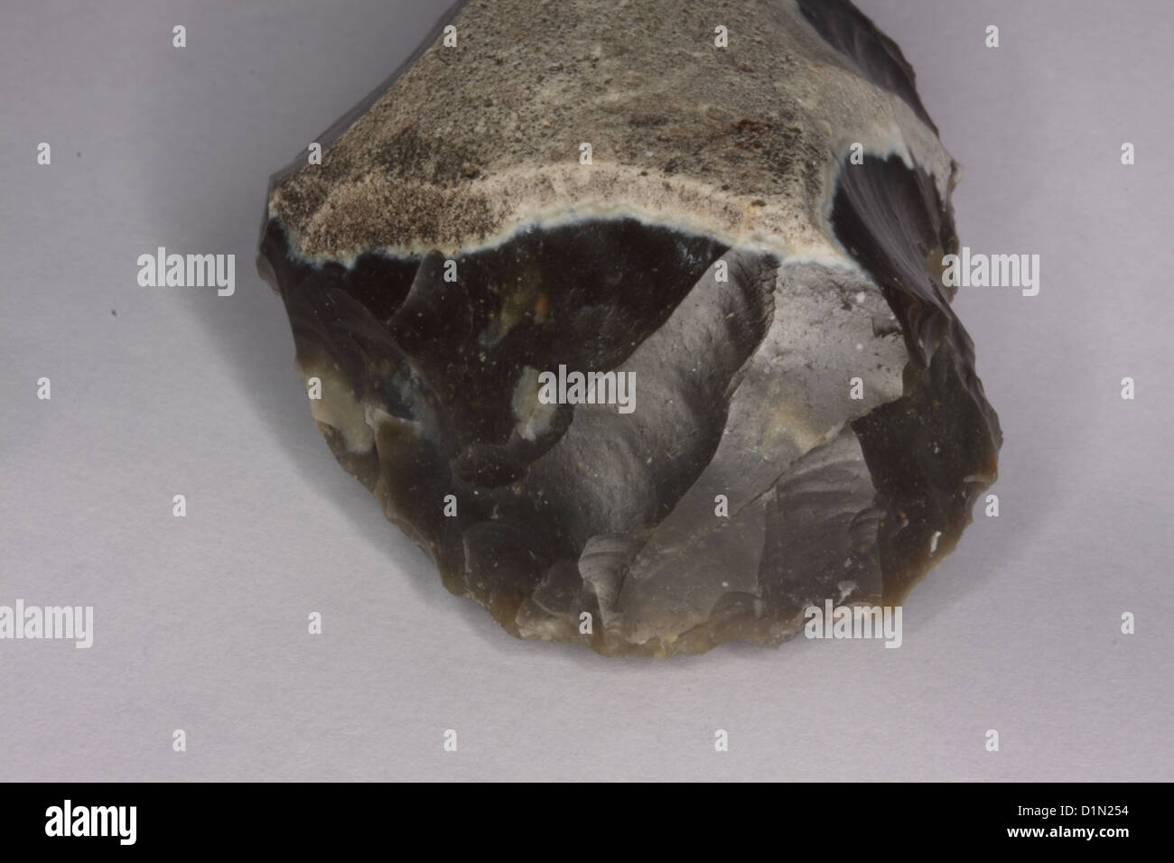 Flint Scraper Neolithic / Mesolithic. Macro shot showing manufacture marks and ridges of percussion. Found in Essex UK 2012 Stock Photo