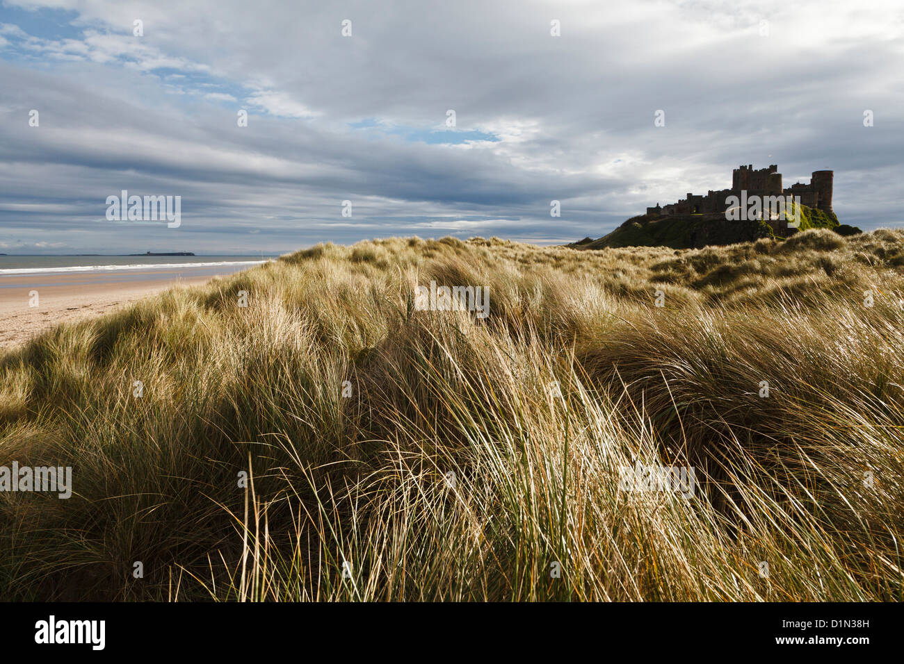 Bamburgh Castle from the sand dunes at Bamburgh Beach, Northumberland, England Stock Photo