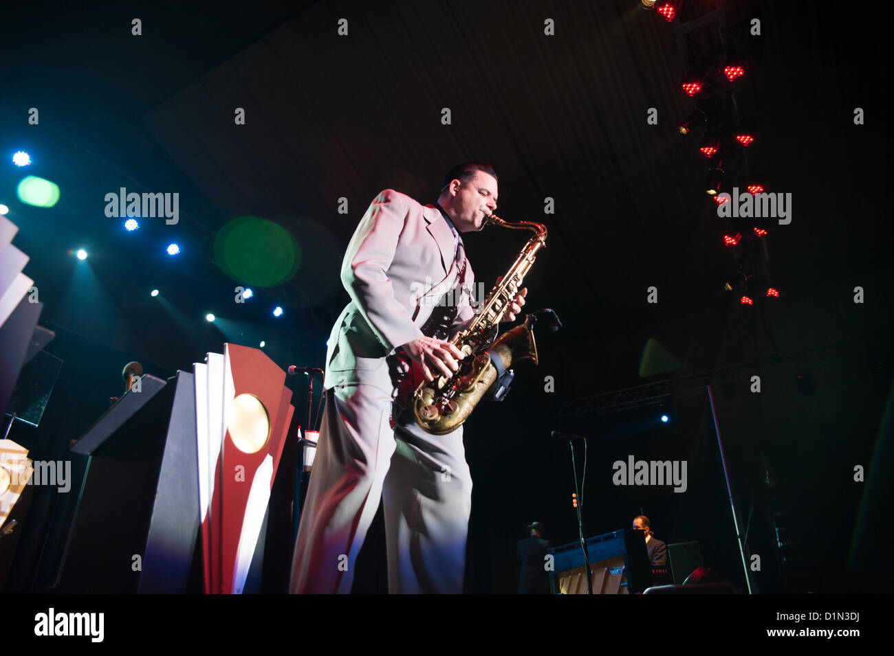 LINCOLN, CA – December 29: Karl Hunter with Big Bad Voodoo Daddy performs at Thunder Valley Casino Resort in Lincoln, California on December 28, 2012 Stock Photo