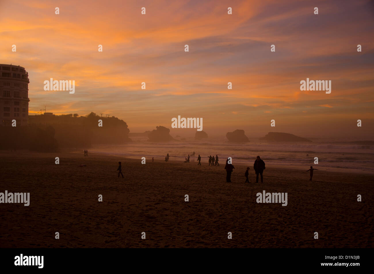 The beach at sunset in Biarritz Stock Photo