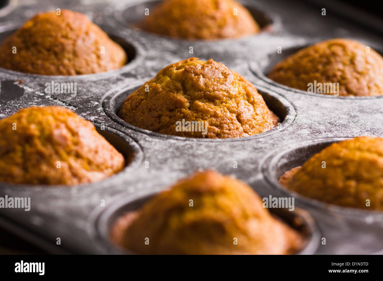 Pumpkin muffins in baking pan Stock Photo