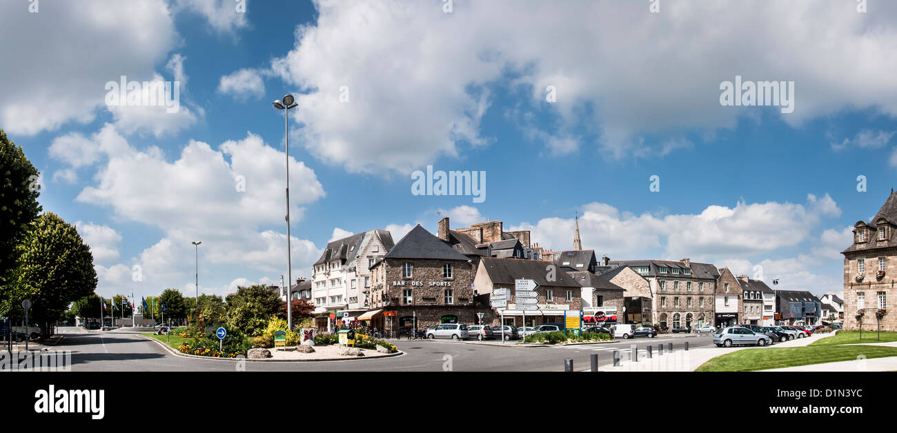 Panoramic view of center of Guingamp city in Brittany Bretagne France, city of soccer team En Avant, historic streets Stock Photo