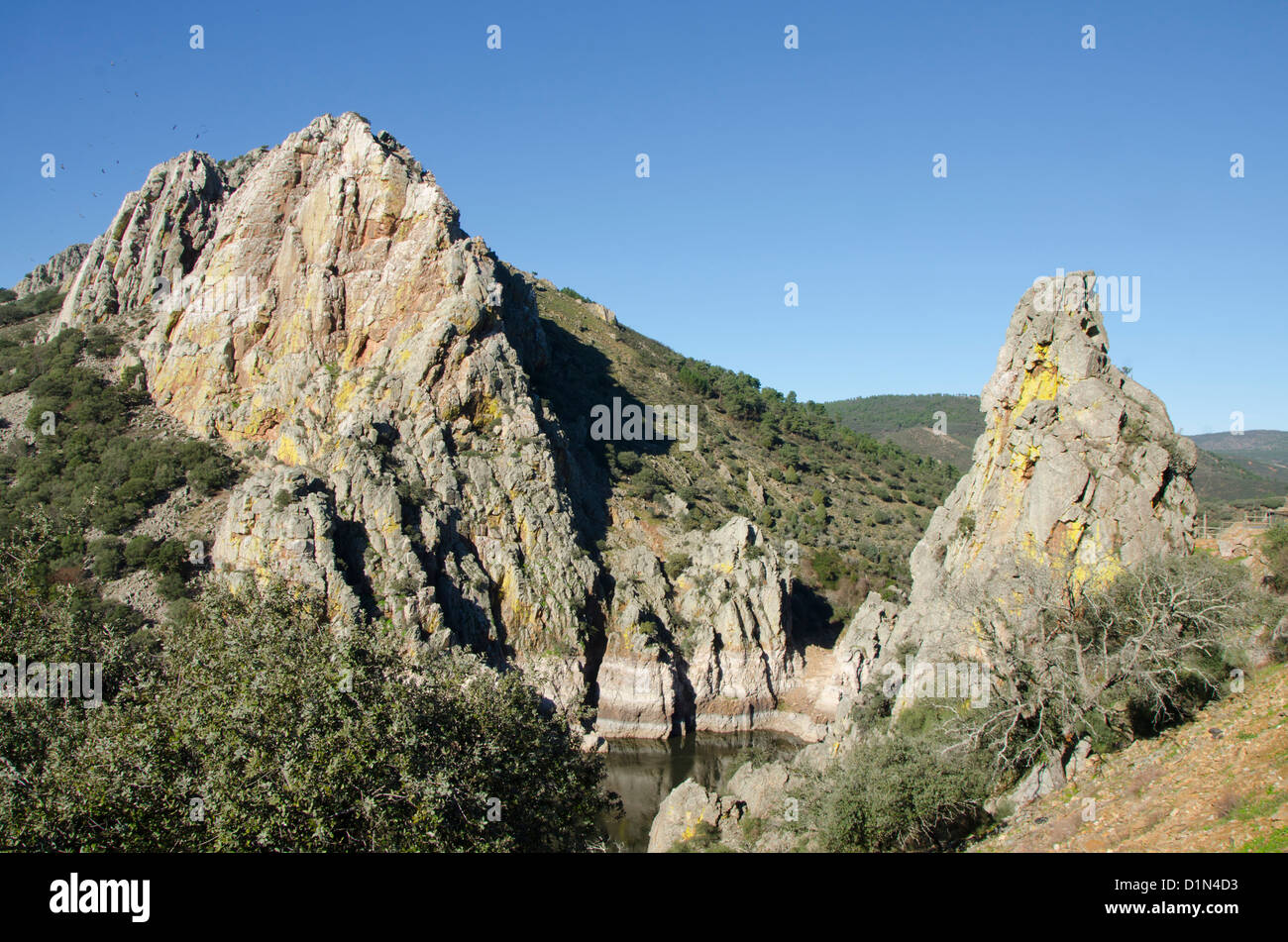 Penafalcon Cliff in Monfrague National Park, Extremadura, Caceres, Spain. Stock Photo
