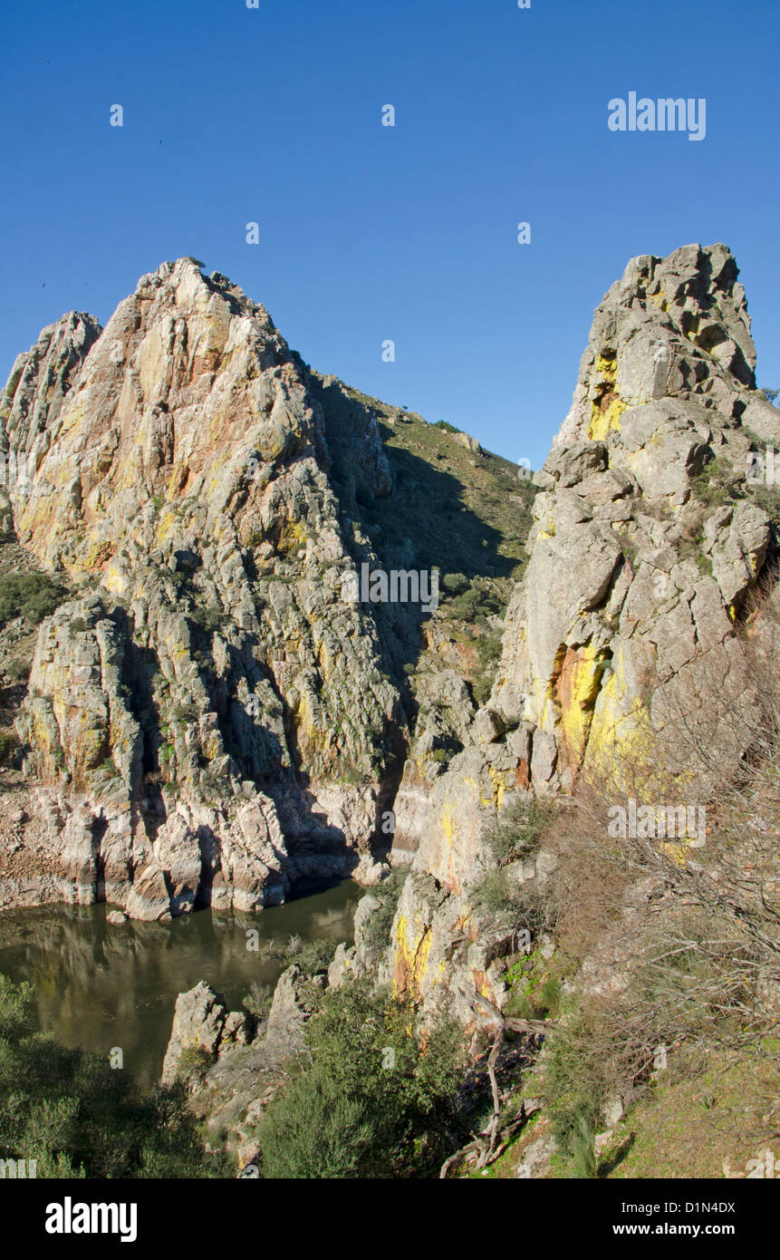 Penafalcon Cliff in Monfrague National Park, Extremadura, Caceres, Spain. Stock Photo