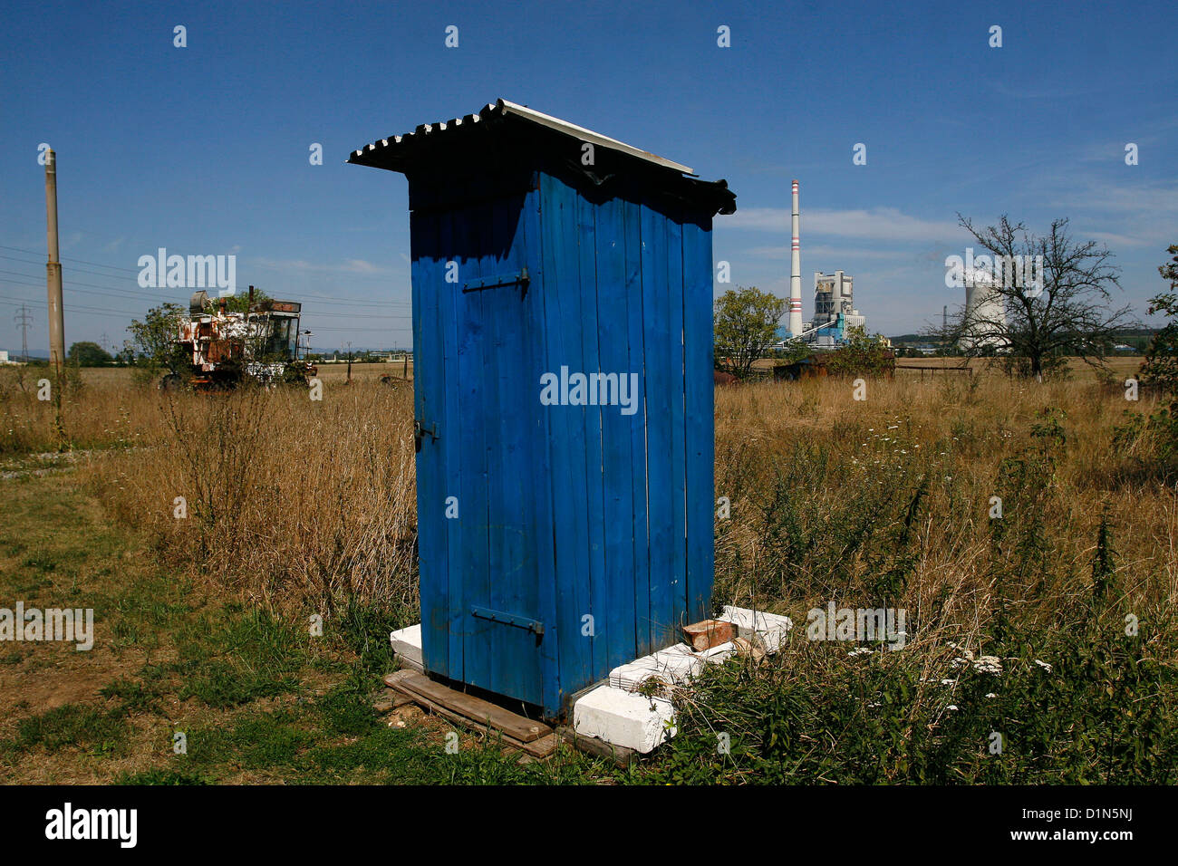 Old Outhouse, Wooden blue toilet house in the landscape Czech Republic Stock Photo
