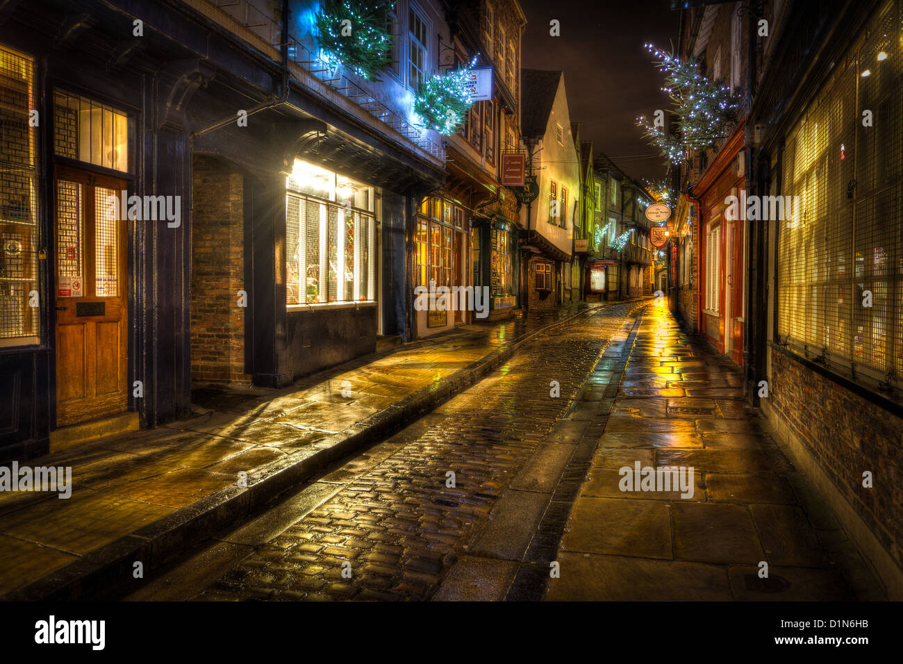 The Shambles in York at Christmas time at night Stock Photo