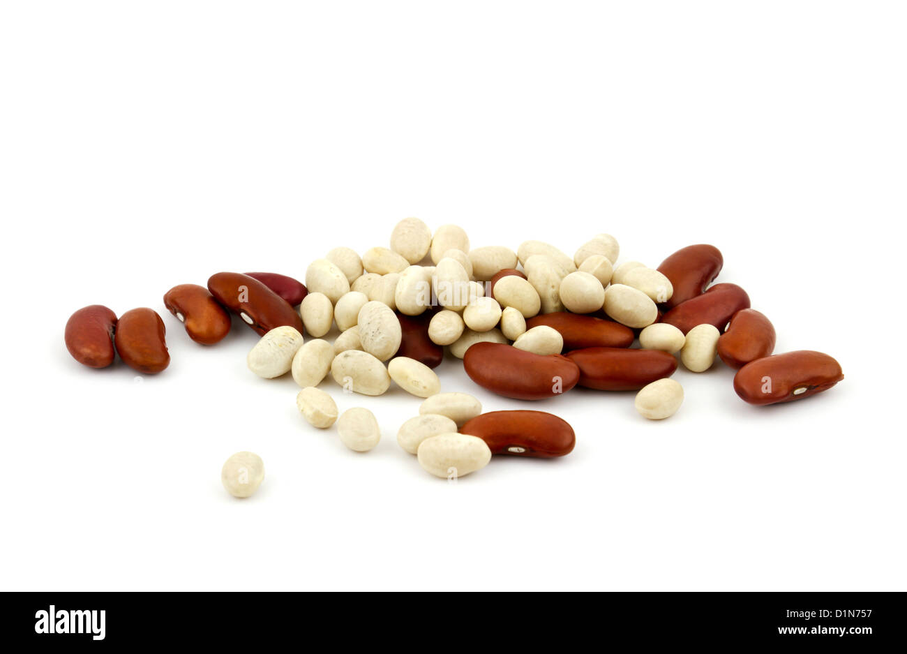 Assortment of navy and red kidney beans on white background. Stock Photo