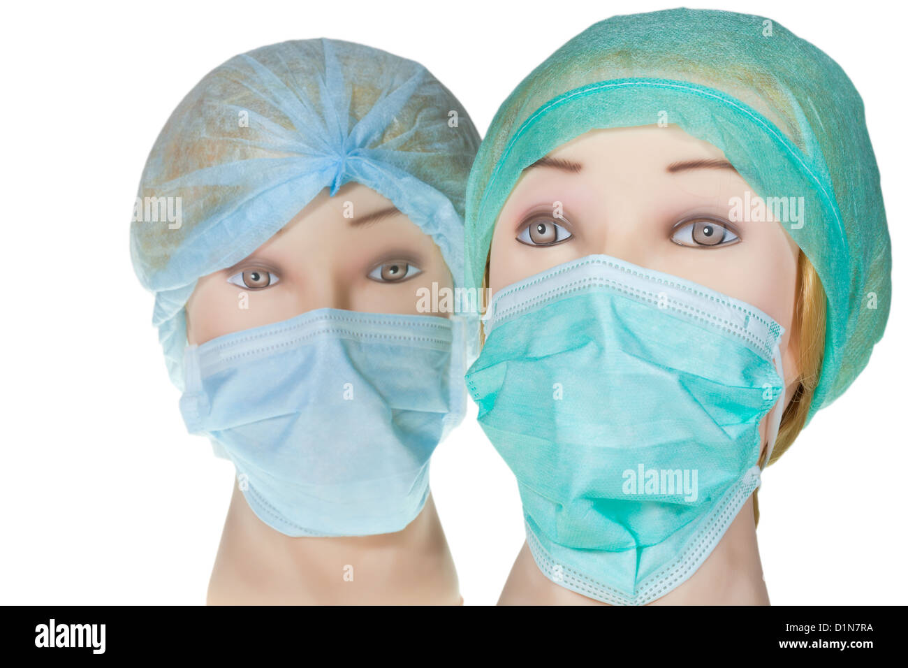 female dummy doctor heads wearing textile surgical cap and medical