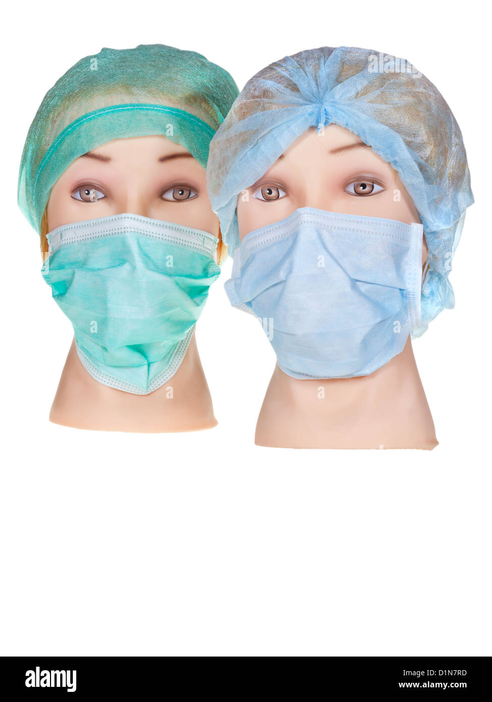 two female mannequin doctor heads wearing textile surgical cap and