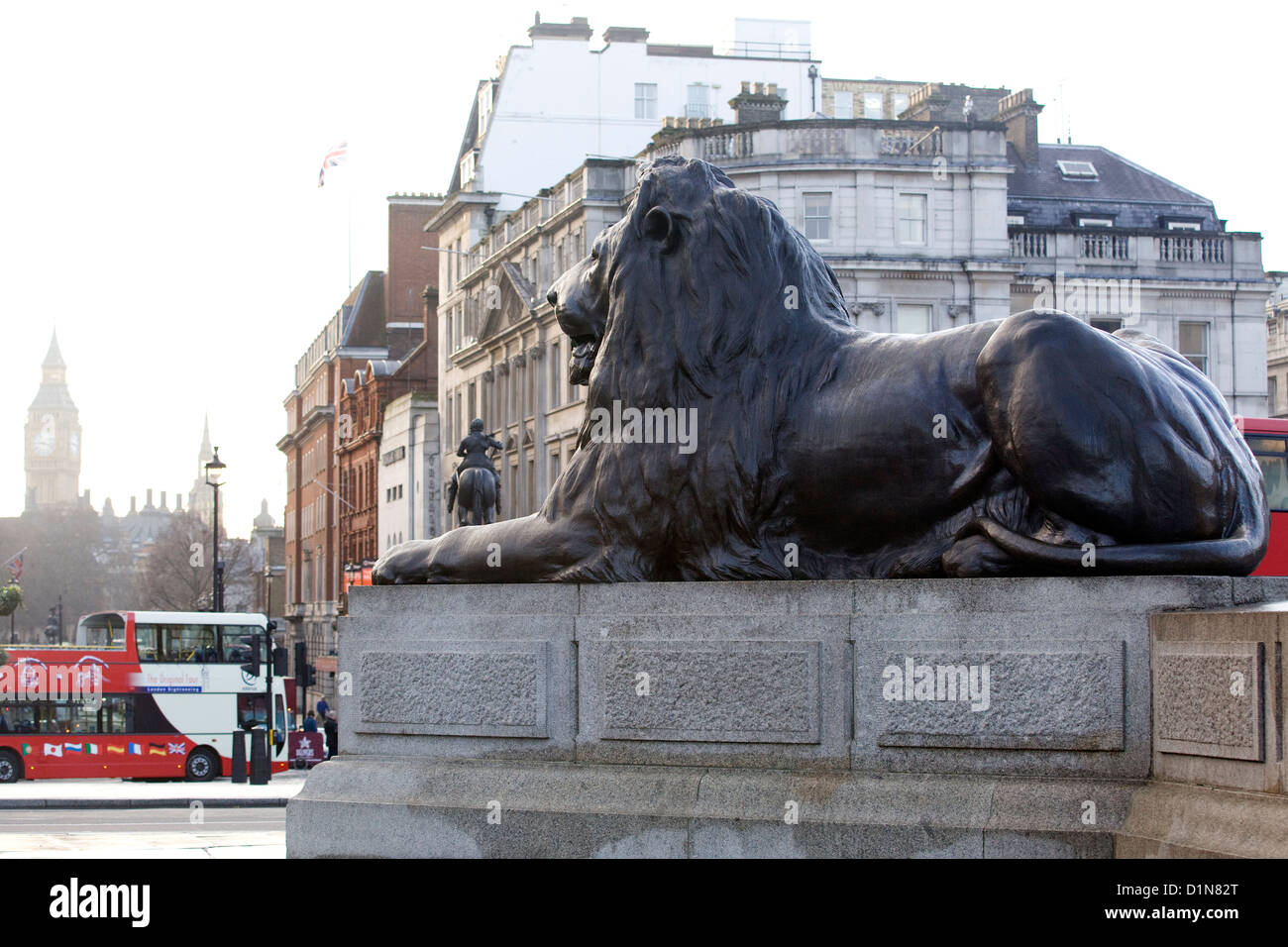 One of the four famous Lions at Trafalgar square London England Stock Photo