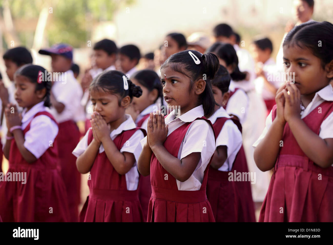 Indian school children during morning prayers Andhra Pradesh South India Stock Photo