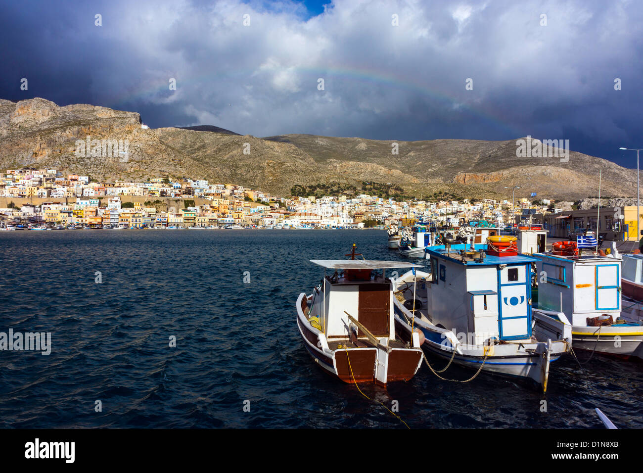 Fishing boats with rainbow, Kalymnos, Greece Stock Photo Alamy