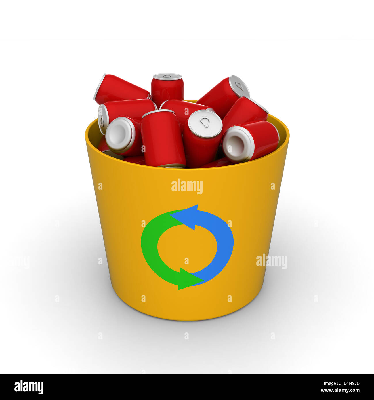 3D model of red cans in a yellow recycle bin to present about