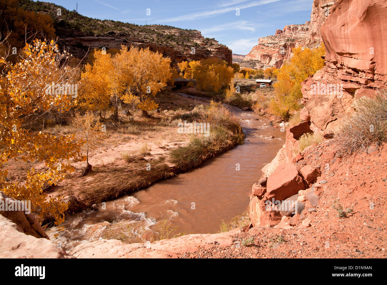 cliffs and Fremont River at Capitol Reef National Park in Utah, United States of America, USA Stock Photo
