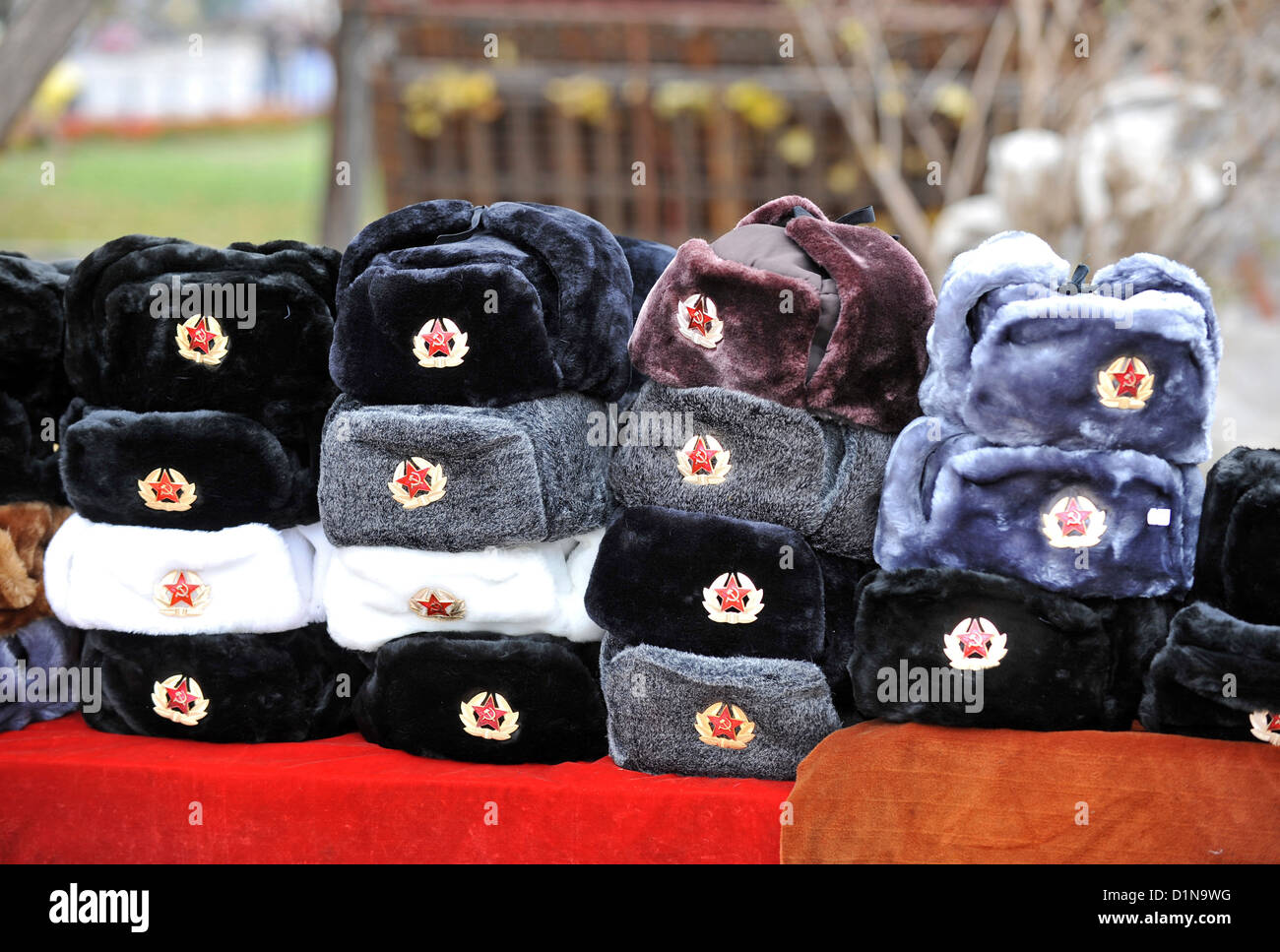 Russian fur hats or ushanka hats for sale Stock Photo