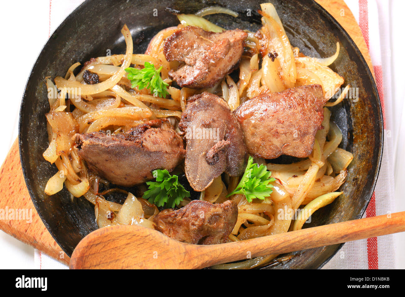 Pan fried chicken liver and onions Stock Photo