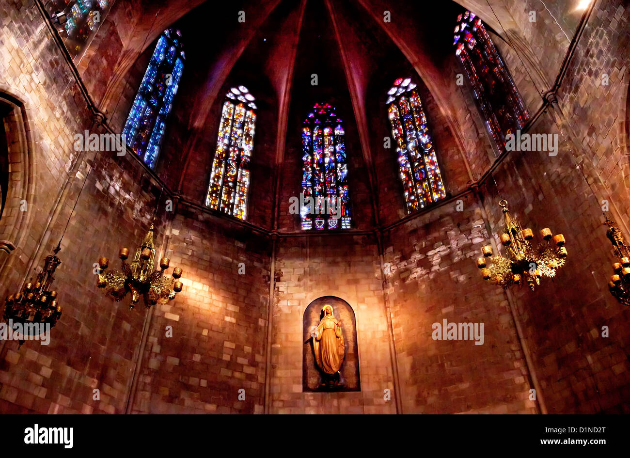 Stained Windows and Mary Statue in Old Stone Basilica, St Maria del Pi