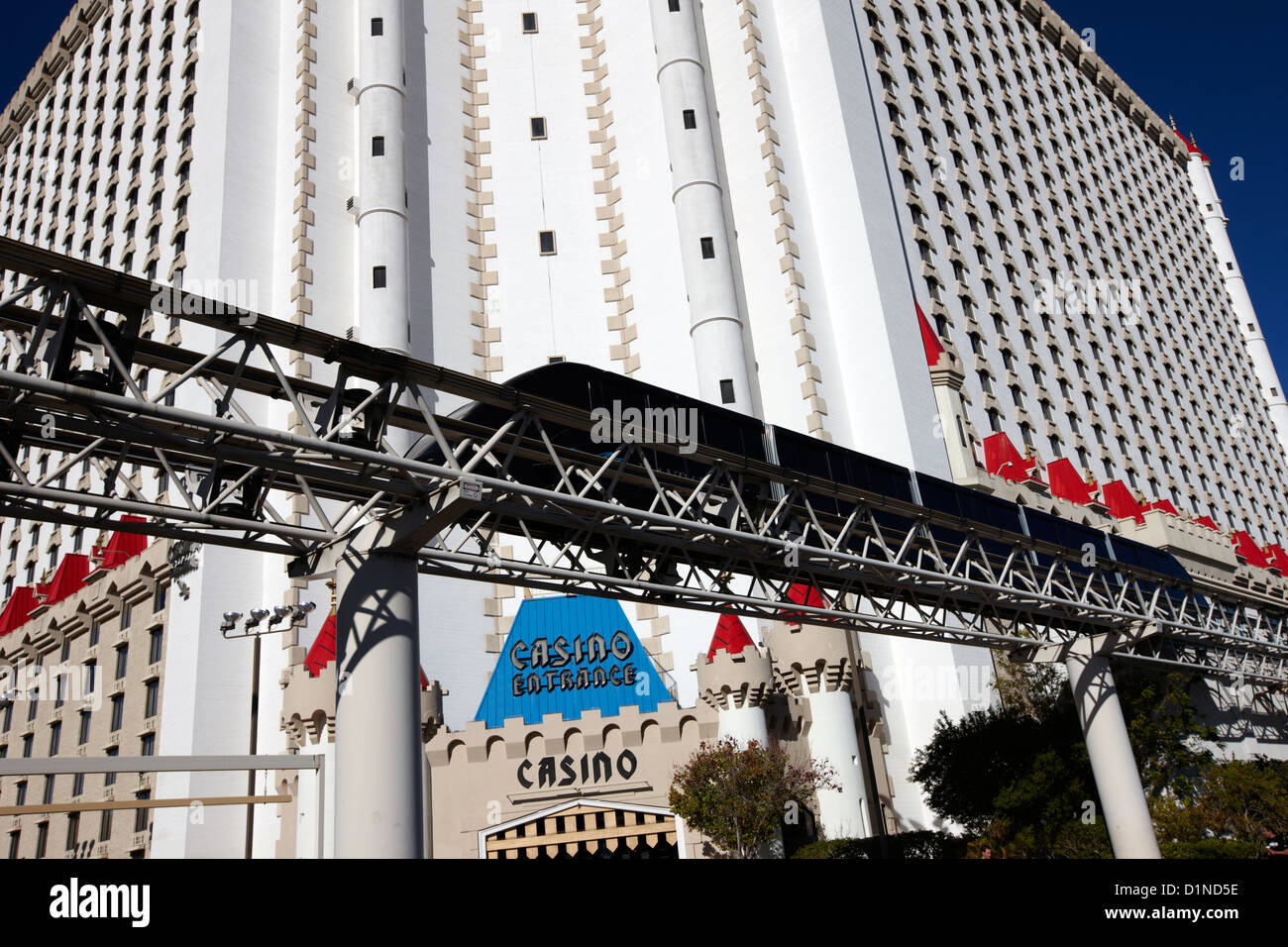 mandalay bay to excalibur monorail line passing the excalibur casino Las Vegas Nevada USA Stock Photo