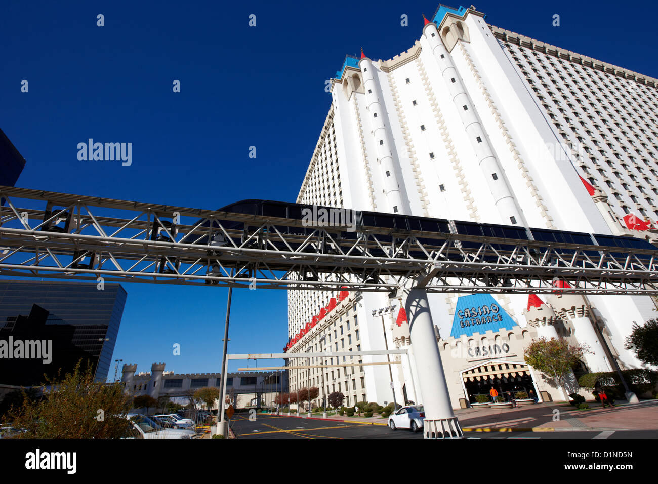 mandalay bay to excalibur monorail line passing the excalibur casino Las Vegas Nevada USA Stock Photo