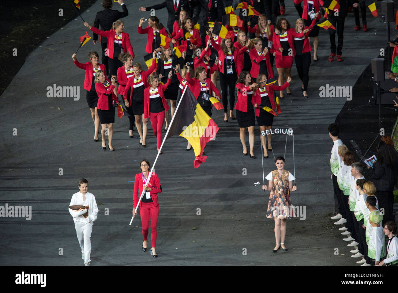 Belgium Team lead by flag bearer Tia Hellebaut at the Opening Ceremonies, Olympics London 2012 Stock Photo