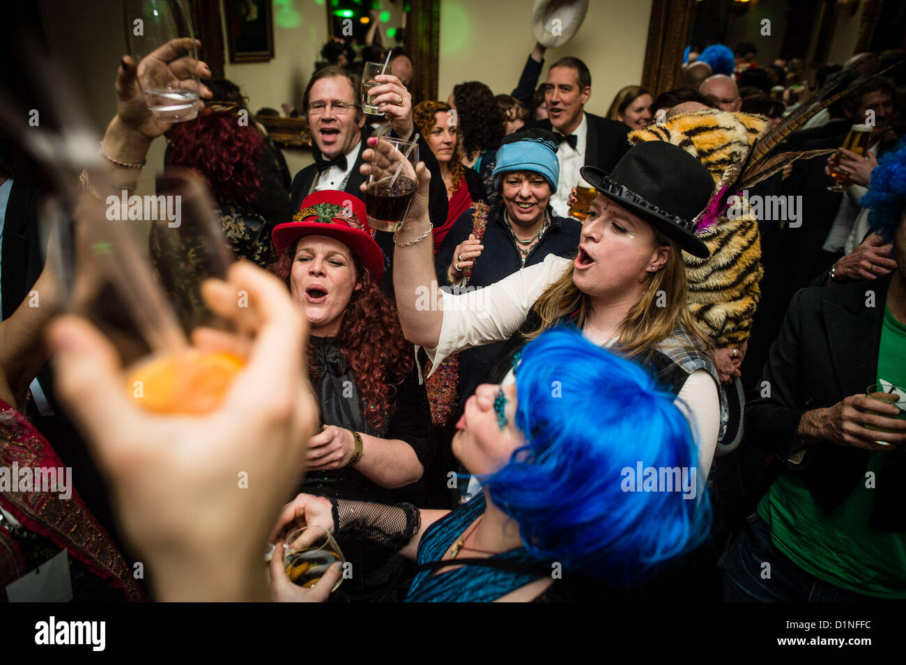 Nanteos Mansion, Aberystwyth , Wales UK, December 31 2012 / January 1 2013.  Revellers celebrating the New Year at the 'Pish Posh' party at the luxury Nanteos Mansion country house hotel on the outskirts of Aberystwyth UK. Set in acres of private parkland the party-goers had no worries of disturbing the neighbours as they danced into the early hours of 2013. Photo ©keith morris Stock Photo