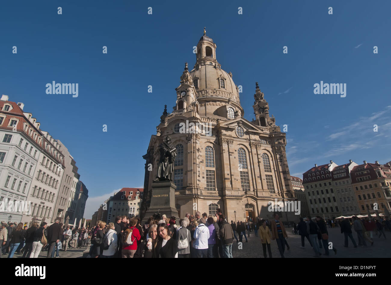 Dresden Germany Frauenkirche Church of Our Lady Lutheran church exterior tourists in plaza Stock Photo