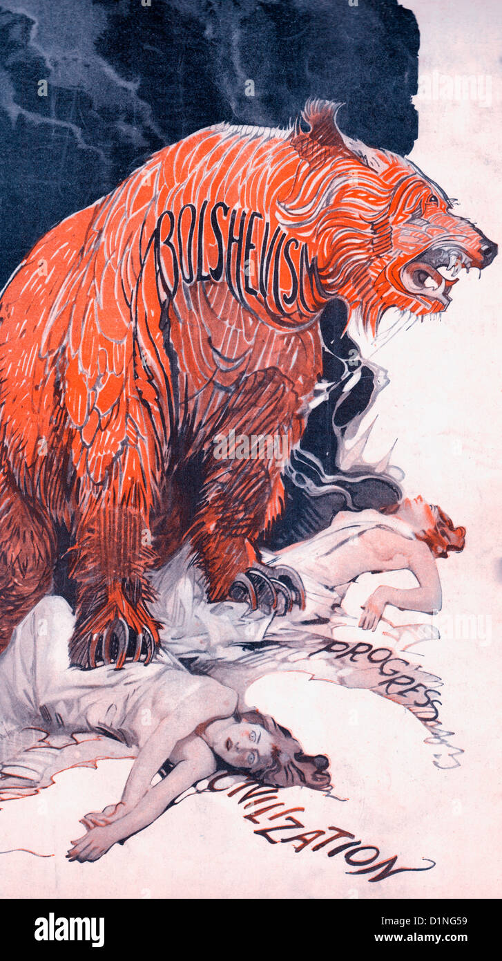A bear marked as Bolshevism trampling on young ladies marked as Civilization and progress - Anti-Communist cartoon circa 1920 Stock Photo