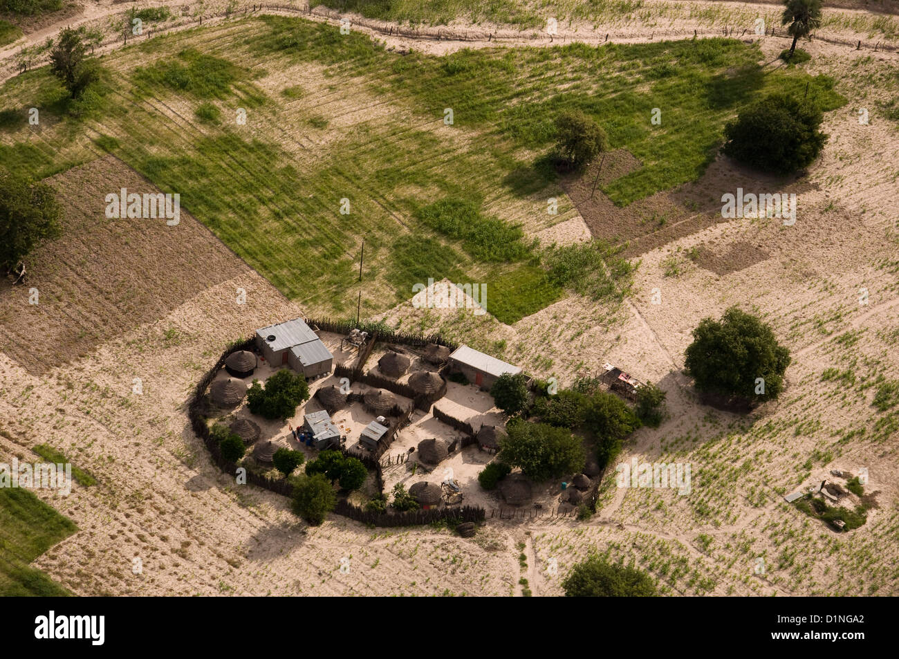 Birds eye view of a small traditional village in Northern Namibia a few miles south of Ondangwa. Stock Photo