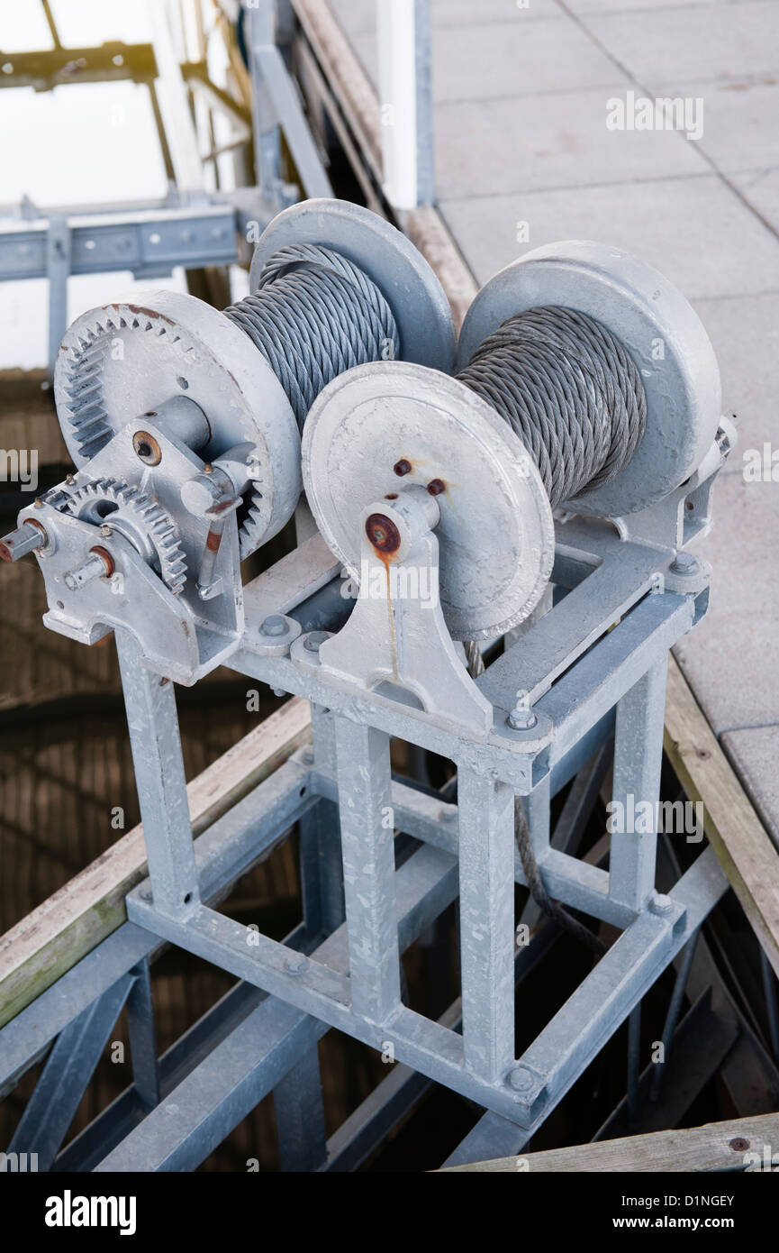Cables and gear assembly for a boat lift in a dock Stock Photo Alamy