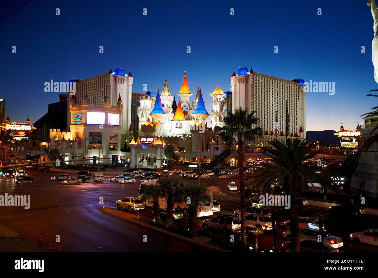 the excalibur resort hotel and casino on Las Vegas boulevard at night Nevada USA Stock Photo