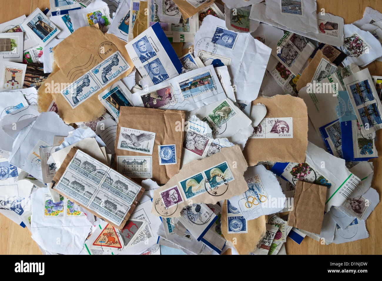 Swedish postage stamps in a stack Stock Photo