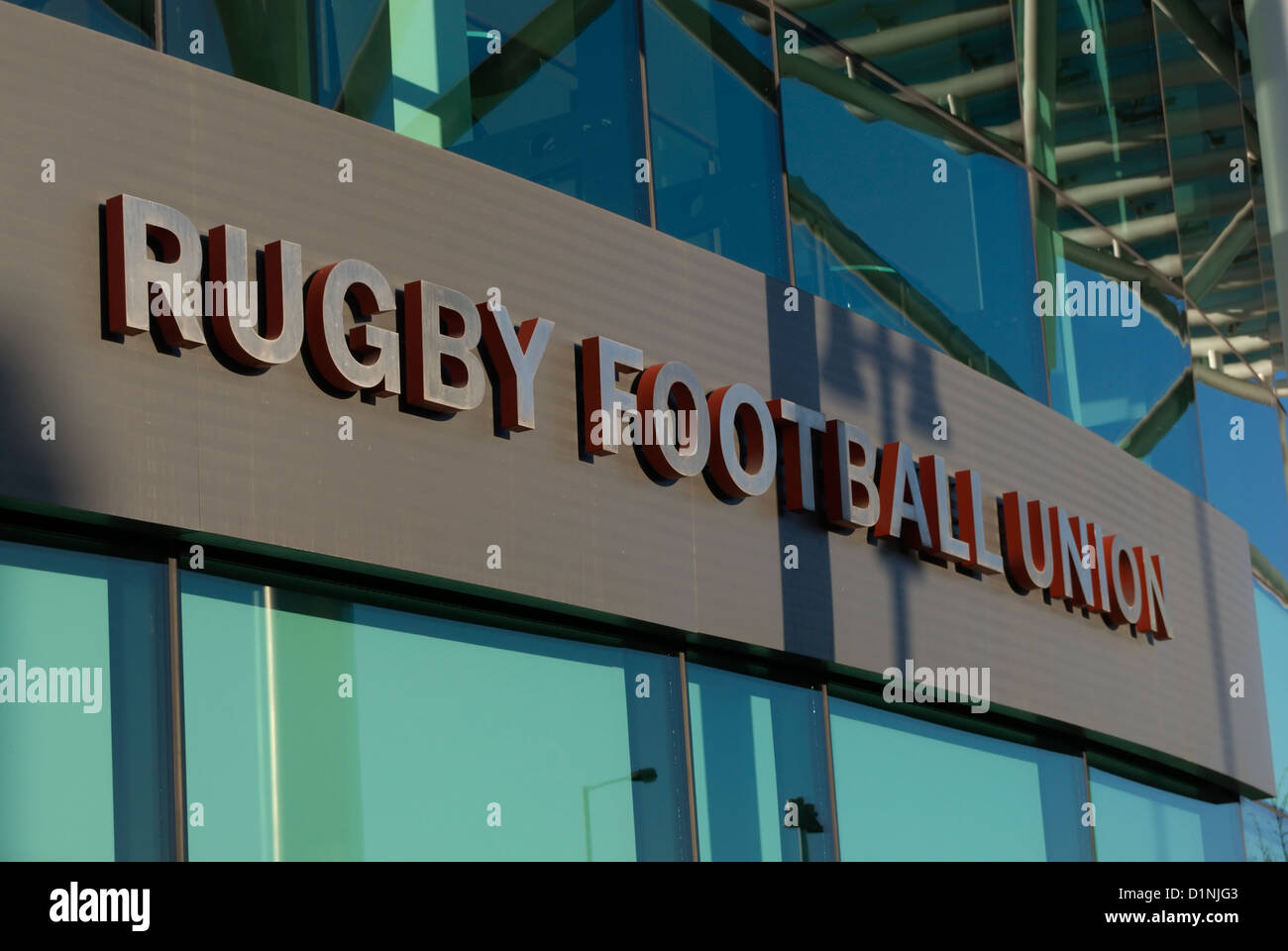 rugby football union sign above the entrance to the main offices of twickenham stadium, middlesex, england Stock Photo