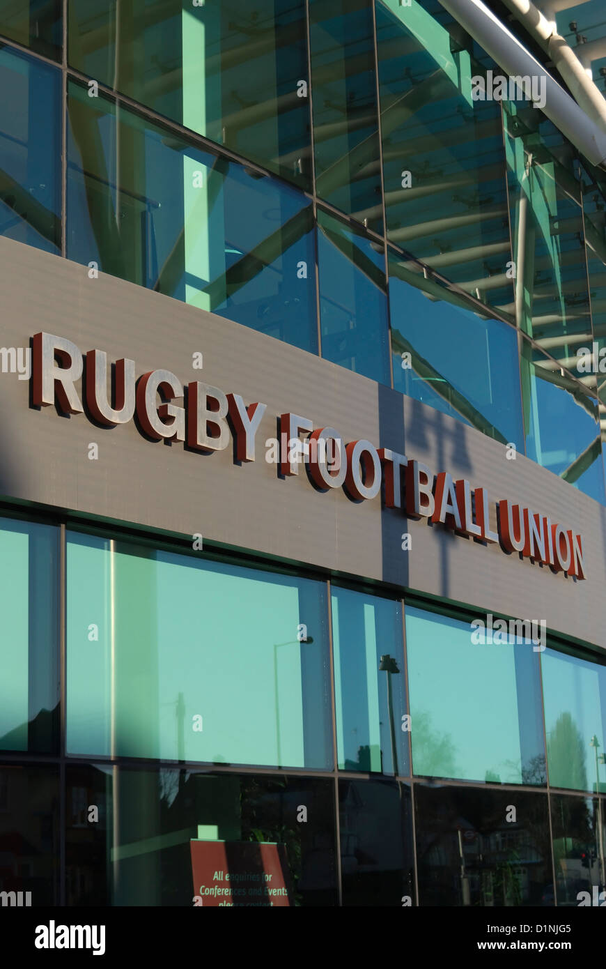 rugby football union sign above the entrance to the main offices of twickenham stadium, middlesex, england Stock Photo