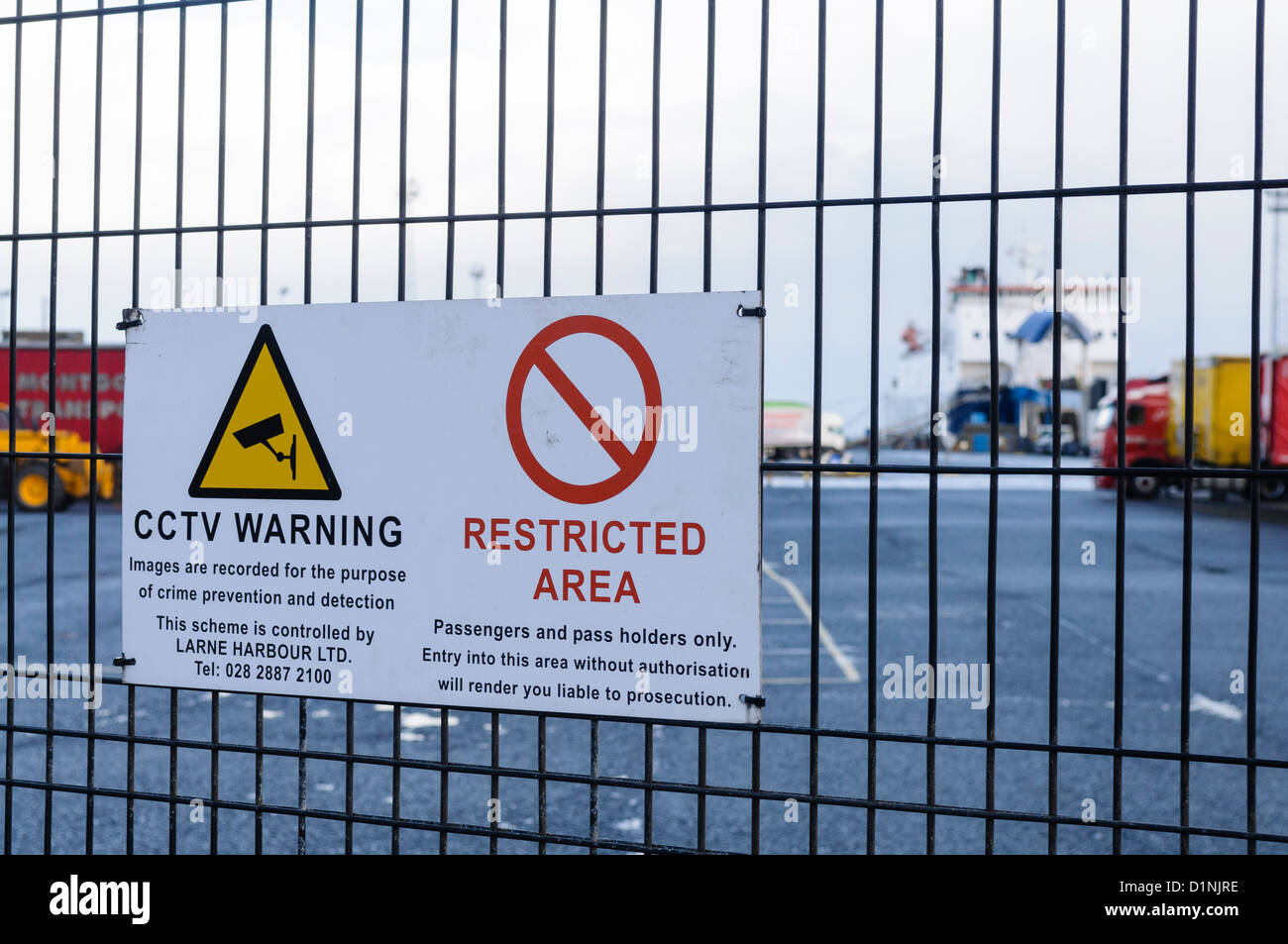 Sign at the Port of Larne ferry terminal and harbour, warning that this is a restricted area and that CCTV is in use. Stock Photo