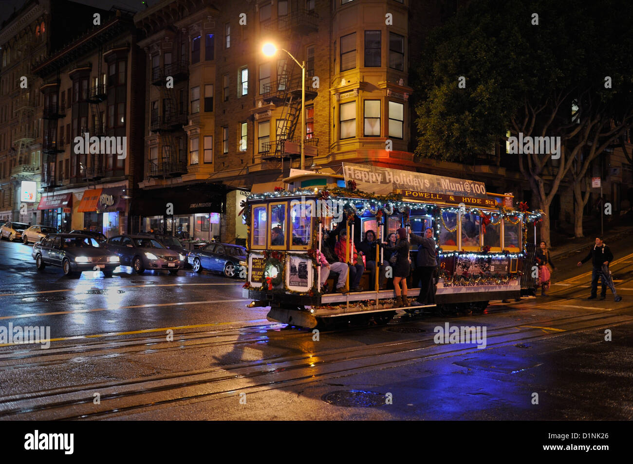 A decorated cable car during the festive season, San Francisco CA Stock Photo