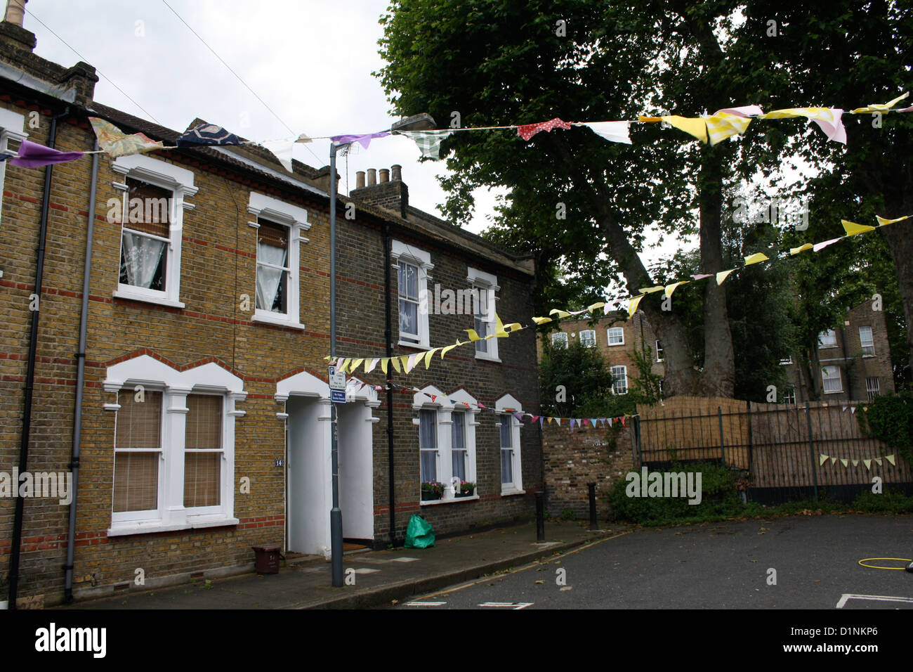 Bunting at a street party in Louisa Gardens, Stepney, east London Stock Photo