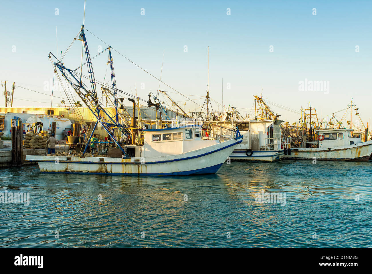 Commercial fishing vessel clearing a load of oyster harvest at the marina in Rockport-Fulton, Texas, USA Stock Photo